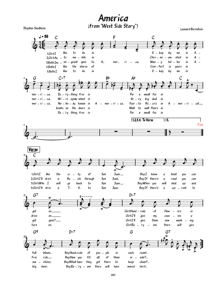 America from West Side Story (lead sheet with lyrics) Sheet Music