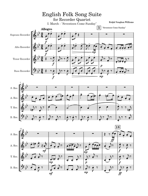 English Folk Song Suite – Ralph Vaughan Williams – Recorder Quartet