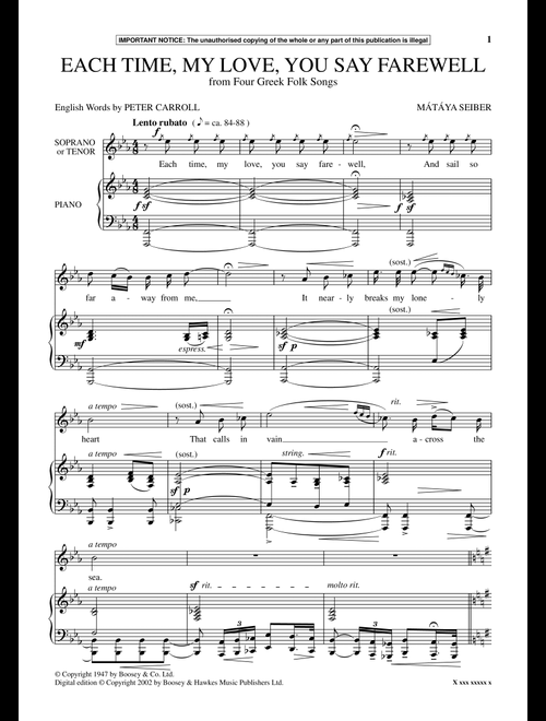 Each Time, My Love, You Say Farewell (from Four Greek Folk Songs) - Mátyás Seiber (Piano Vocal)