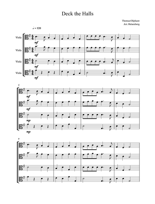 Deck The Halls for String Quartet (4 violas). Score and parts included. (Arr. Heisenberg) - Thomas Oliphant (Small Ensemble)
