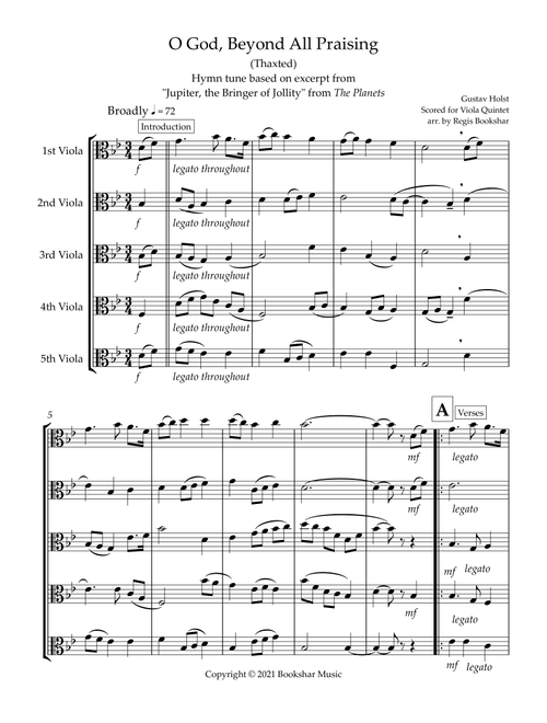 O God, Beyond All Praising (Thaxted) (Bb) (Viola Quintet) (Arr. Regis Bookshar) - Gustav Holst (String Ensemble)