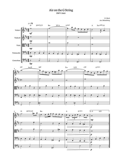 Air on the G String for String quintet with chords. Score and parts included. (Arr. Heisenberg) - J S Bach (String Ensemble)