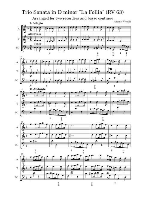 Vivaldi - Trio Sonata in D minor RV 63 (La Follia) - arranged for two recorders and basso continuo