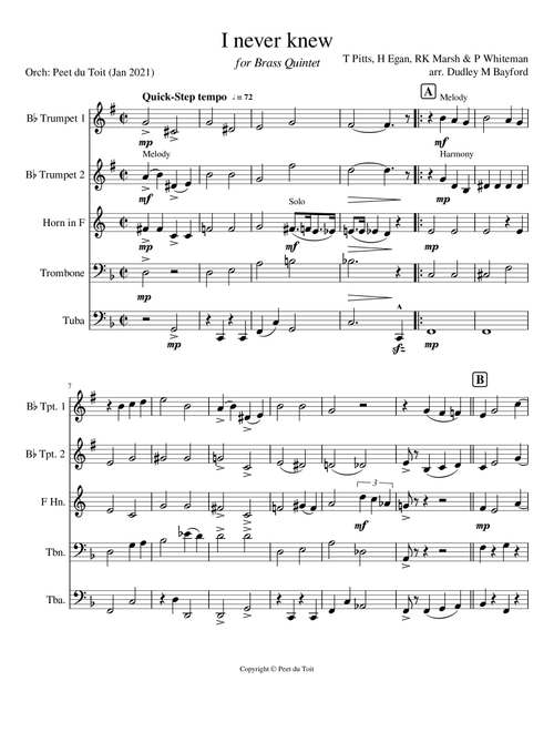 I never knew (I could love anybody, honey, like I'm loving you) - Pitts, Egan, Marsh & Whiteman (Bra (Arr. Dudley E Bayford & Peet du Toit) - Tom Pitts, Ray Egan, Roy K Marsh & Paul Whiteman (Brass Ensemble)