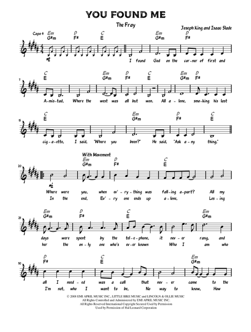 You Found Me (Arr. Ben Clapton) - The Fray (Lead Sheet - Fake Book)