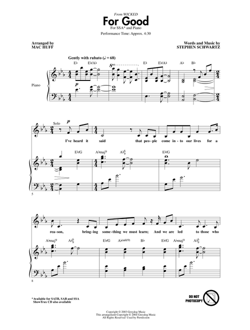 For Good (from Wicked) (arr. Mac Huff) - Stephen Schwartz (Choral, SSA)