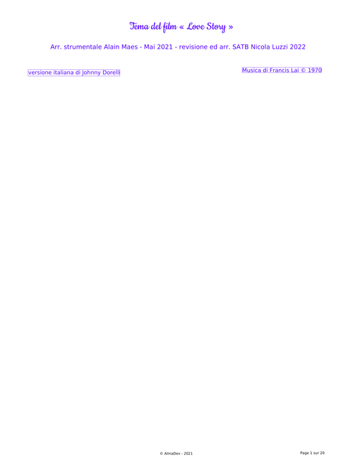 Tema da "Love story" – Francis Lai - Arr. strumentale Alain Maes - revis. ed arr. SATB Nicola Luzzi