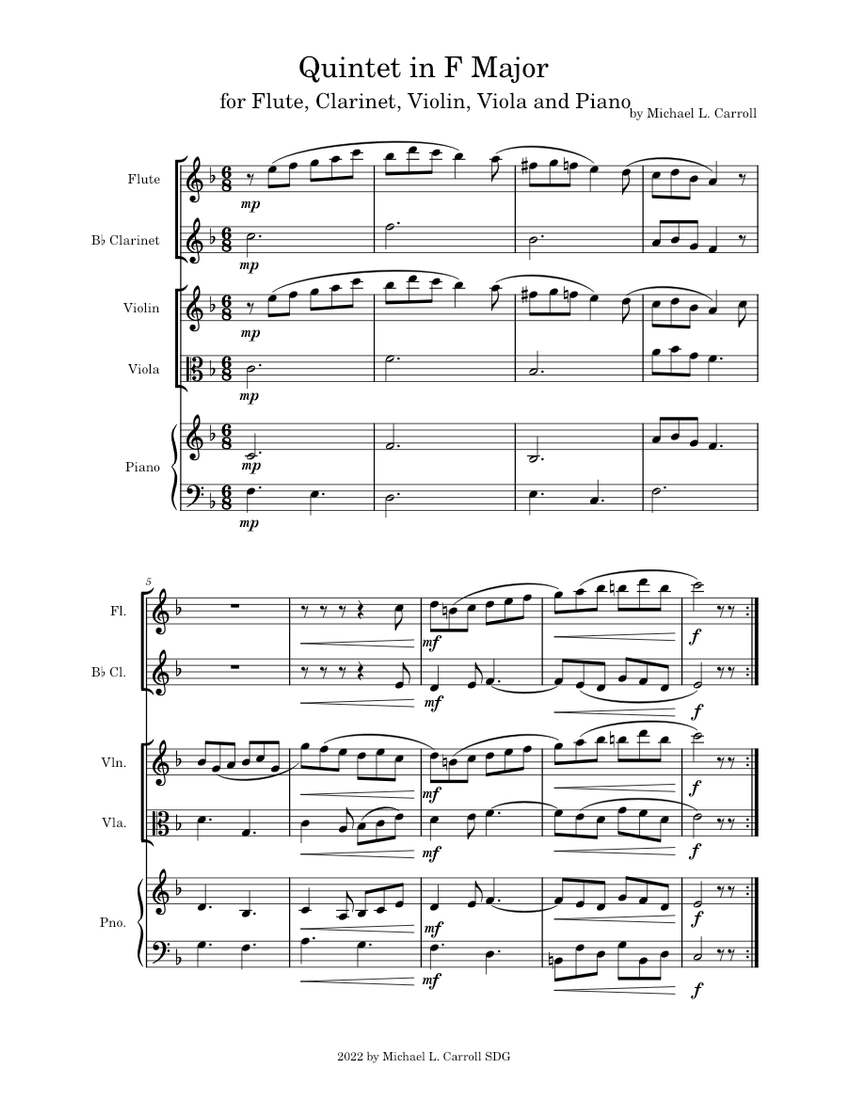 Quintet in F Major Sheet Music for Piano, Flute, Clarinet in b-flat ...