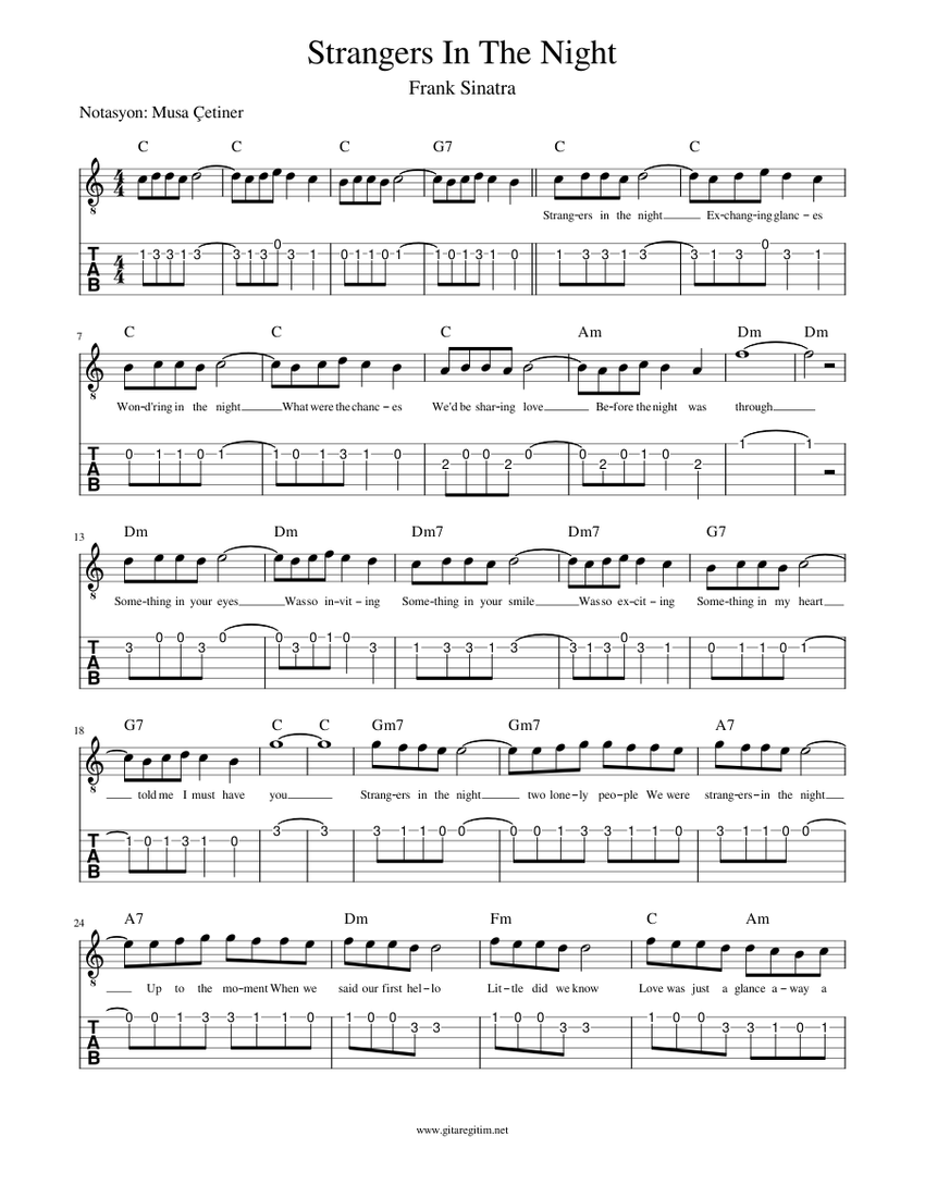 Strangers In The Night Sheet Music and Tab with Chords for Guitar