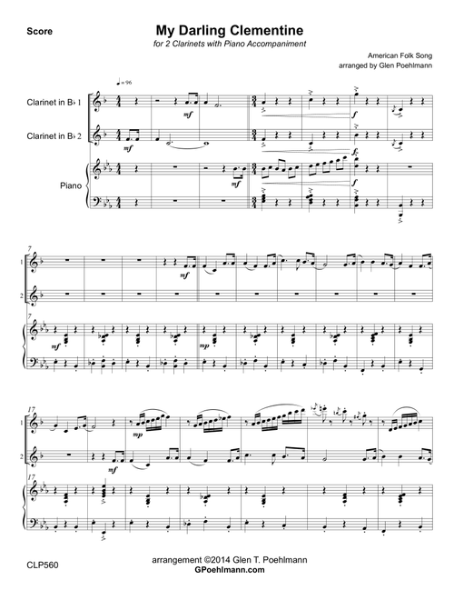 MY DARLING CLEMENTINE - CLARINET DUET with Piano Accompaniment (Grade 4-) (Arr. Glen Poehlmann) - American Folk Ballad (Instrumental Duet and Piano)