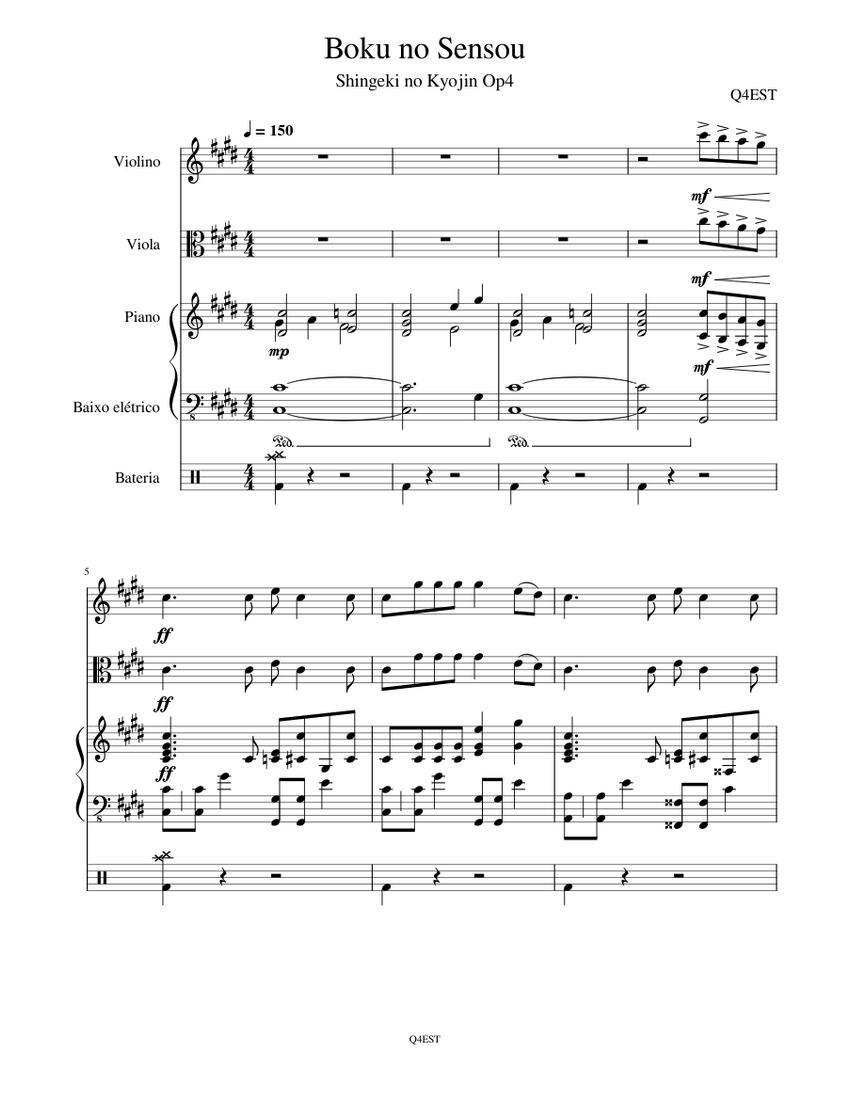 Attack on Titan - Boku no Sensou Sheet music for Piano, Violin, Viola ...