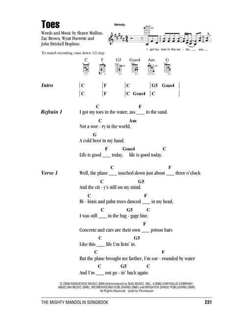 Toes - Zac Brown Band, Various (Mandolin Chords-Lyrics)