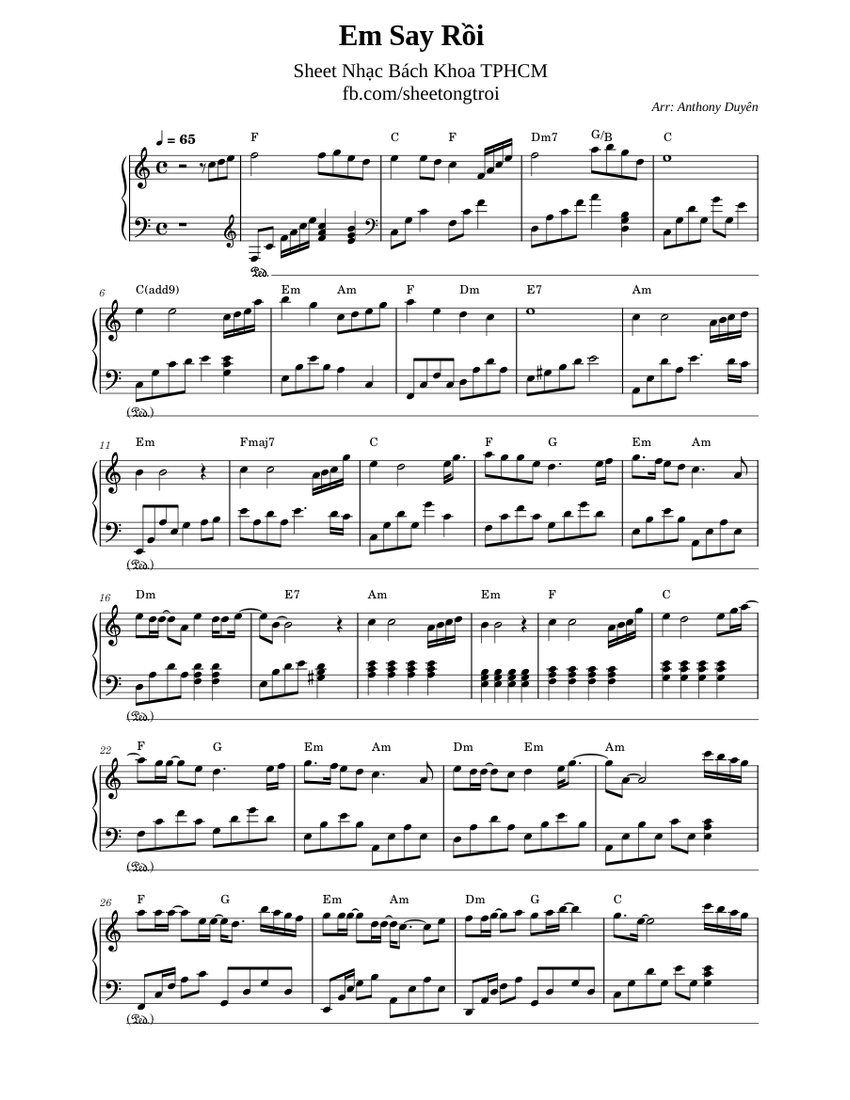 Em Say Rồi Sheet Music with Chords for Piano (Solo) | MuseScore.com