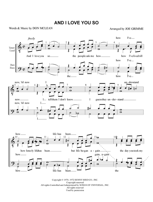 And I Love You So (Arr. Joe Grimme) - Perry Como (Choral, TTBB)