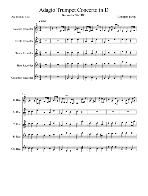 Tartini - Trumpet Concerto in D Recorder SATBGb
