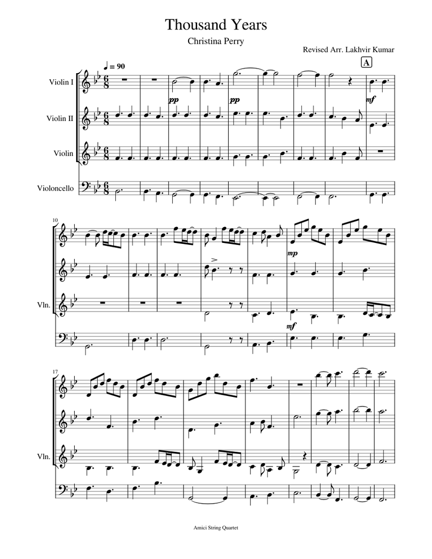 Thousand Years Sheet music for Violin, Cello (String Quartet