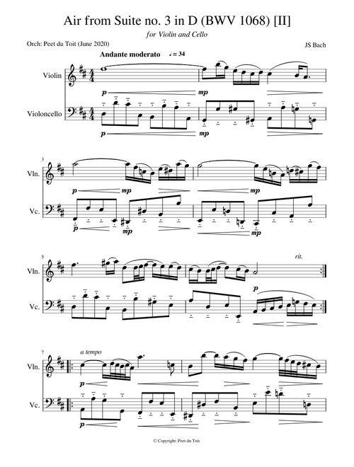 Air from Suite no. 3 in D  BWV 1068  Andante moderato  II  - JS Bach  (Violin & Cello)