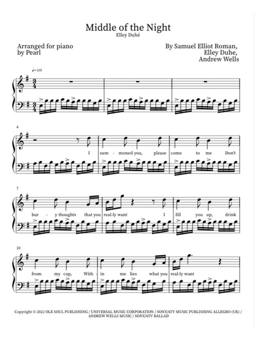 Middle Of The Night (Arr. Pearl S) - Elley Duhe (Piano Solo)