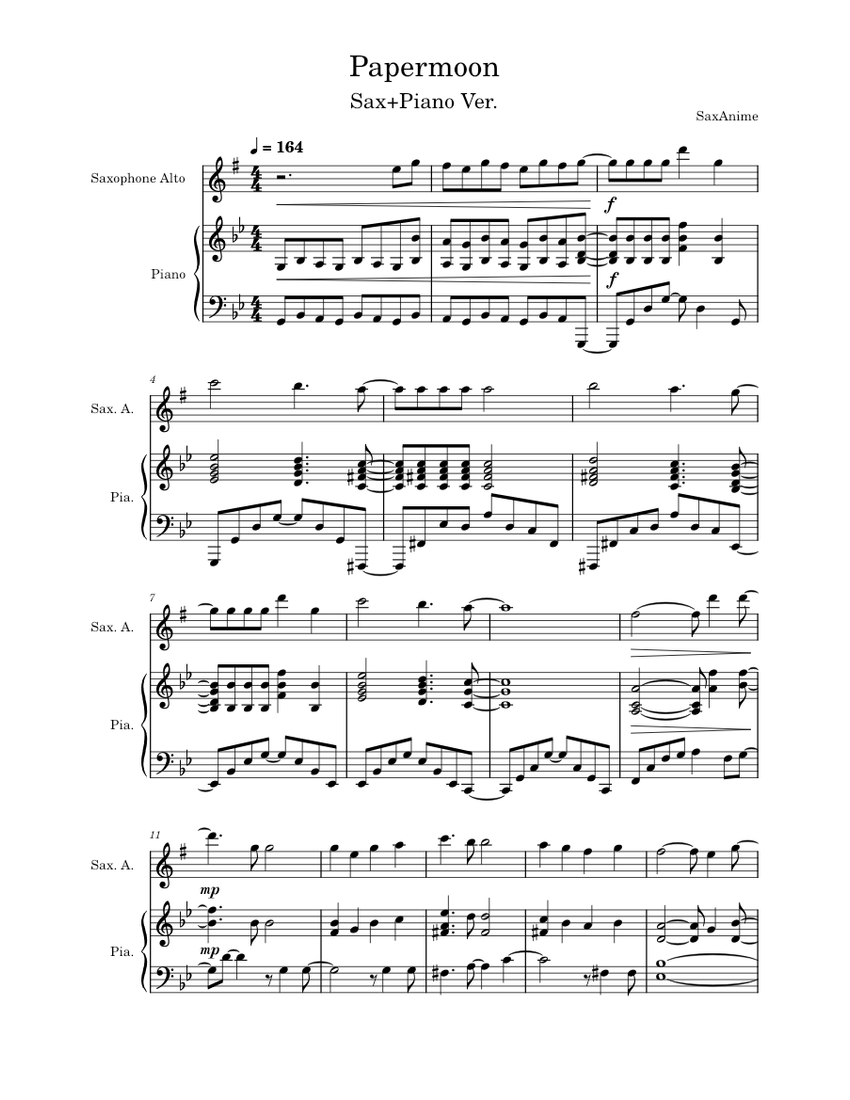 Papermoon Sax/Piano - Soul Eater OP2 Sheet Music for Piano Papermoon Sax/Piano - Soul Eater OP2 Sheet Music for Piano