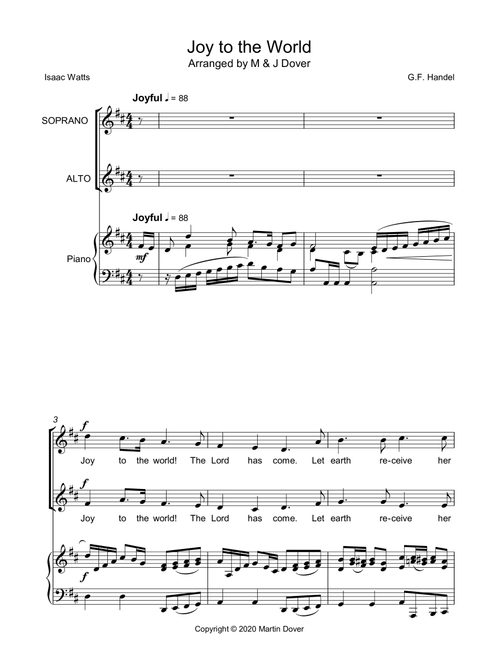Joy to the World - SA - Two Part Choir, Upper Voices (Arr. M & J Dover) - G.F. Handel, Isaac Watts (Choral, SA)