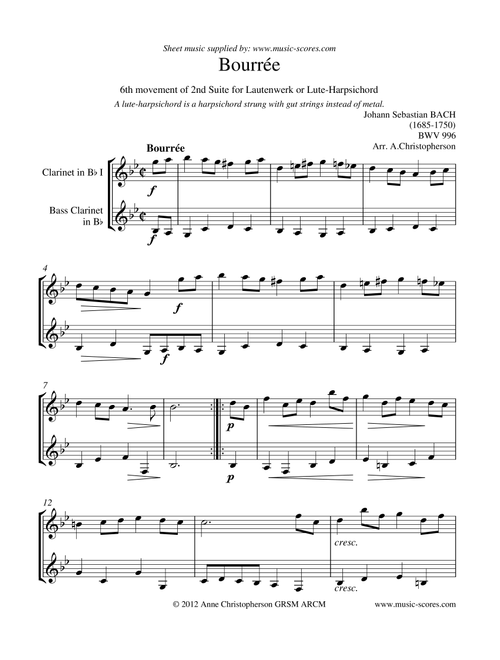 Bourrée - Clarinet and Bass Clarinet (Arr. Anne L Christopherson GRSM ARCM) - Bach (Clarinet Solo)