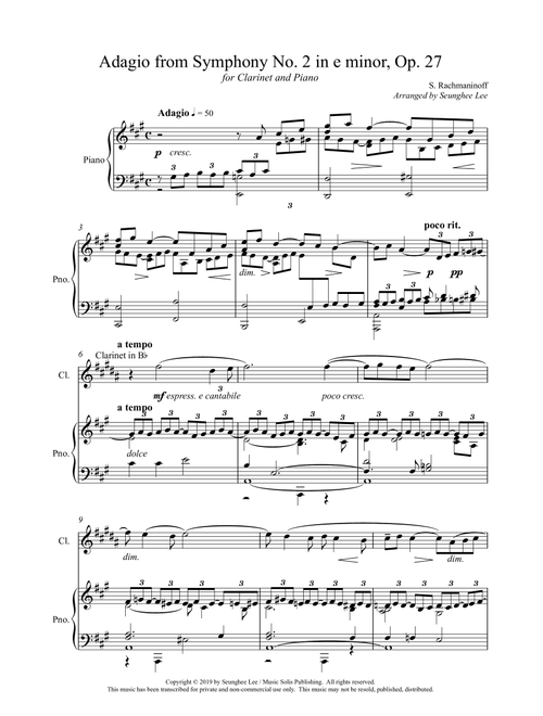 Rachmaninoff: Adagio from Symphony No. 2 for Clarinet and Piano (Arr. Seunghee Lee) - Sergei Rachmaninoff (Clarinet and Piano)