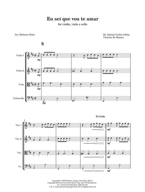 Eu Sei Que Vou Te Amar (Arr. Between Notes) - Antonio Carlos Jobim, Vinicius de Moraes (String Quartet)