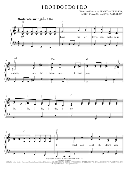 I Do, I Do, I Do, I Do, I Do - ABBA, Mamma Mia! Musical (Easy Piano)
