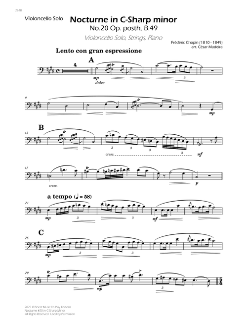Nocturne No.20 in C Sharp minor - Cello Solo, Strings and Piano (Individual Parts) (Arr. César Madeira) - Frederic Chopin (String Ensemble)