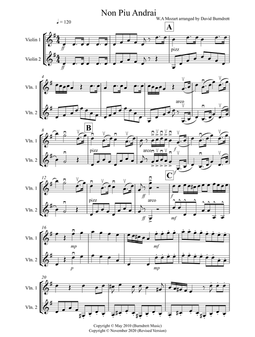Non Più Andrai for Violin Duet (Arr. David Burndrett) - W.A Mozart (Violin Solo)
