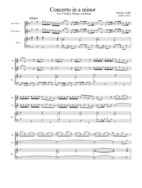 Concerto for 2 Violins in A minor, RV 522 – Antonio Vivaldi Concerto in a minor for 2 violins ("L'estro armonico" No. 8) RV 522 edited