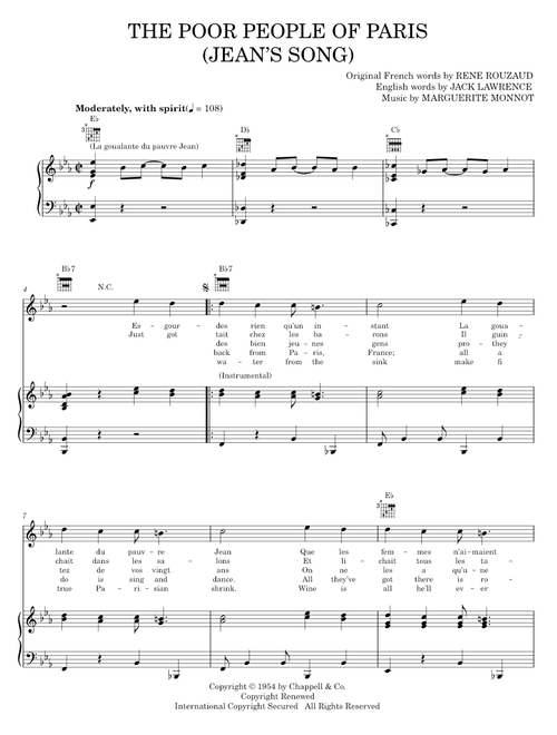 The Poor People Of Paris (Jean's Song) - Frank Churchill, Jack Lawrence (Piano-Vocal-Guitar)