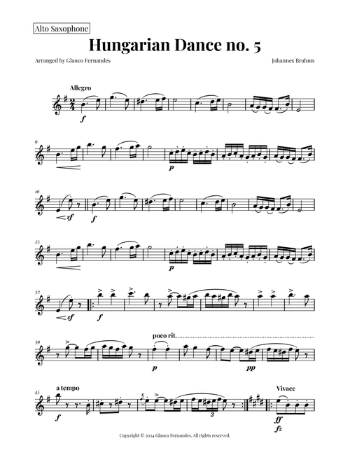 Hungarian Dance No. 5 (Arr. Glauco Fernandes) - Johannes Brahms (Alto Sax Solo)