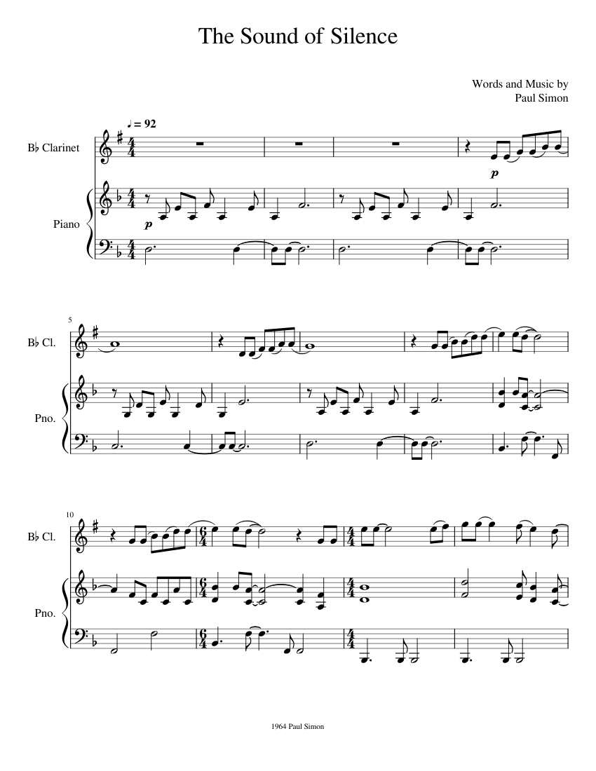 The Sound of Silence Sheet music for Piano Clarinet in b flat Solo Musescore
