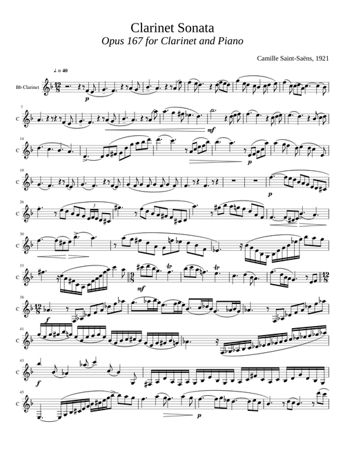 Eb Bb C Camille Saint-Saëns Sonata in E Major Opus 167 for Clarinet and Piano