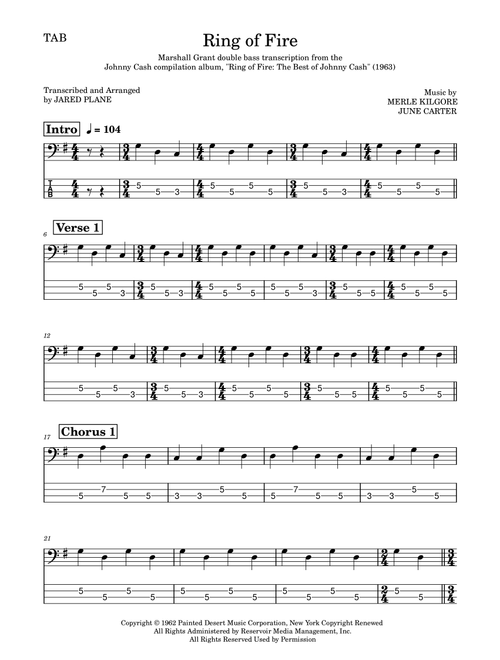 Ring Of Fire (Arr. Jared Plane) - Johnny Cash (Bass Tab)