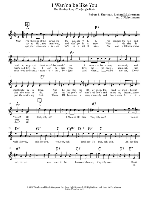 I Wan'na Be Like You (the Monkey Song) (Arr. Christoph Fleischmann) - Richard M Sherman, Robert B Sherman (Lead Sheet - Fake Book)