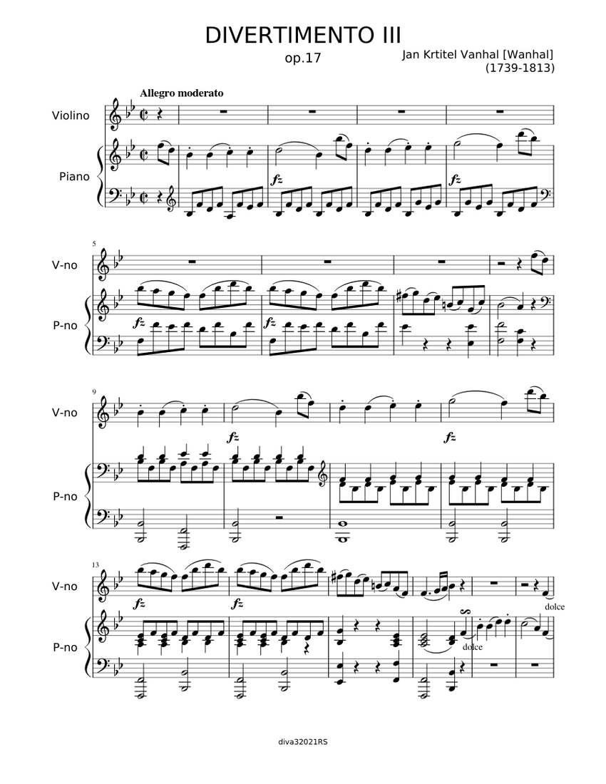 Divertimento op. 17 nr 3 – Johann Baptist Vanhal Sheet music for Piano ...