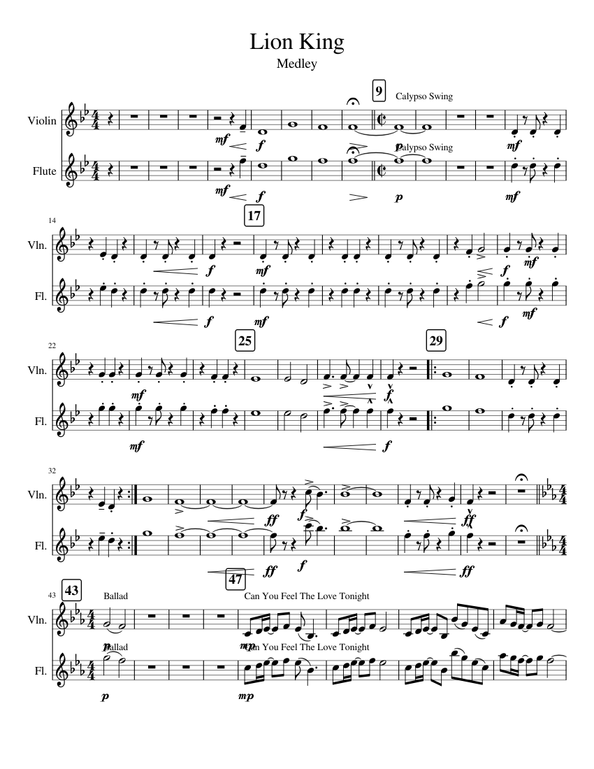 Lion King Flute 2 Sheet Music for Flute, Violin (Mixed Duet ...