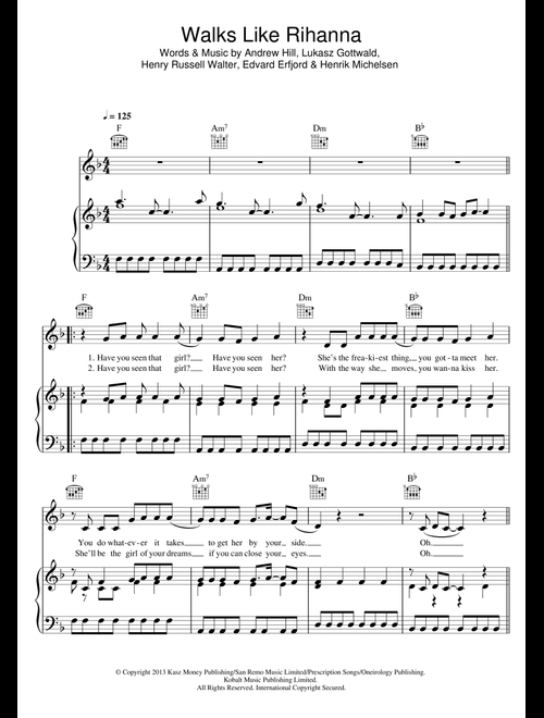 Walks Like Rihanna - The Wanted (Piano-Vocal-Guitar (Piano Accompaniment))