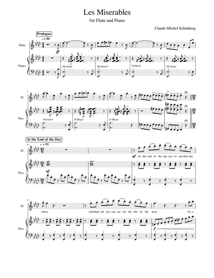 Les Miserables, for Flute and Piano Sheet Music for Piano, Flute
