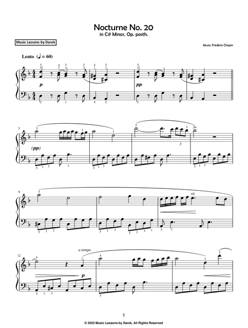 Nocturne No. 20 (EASY PIANO) in C# Minor, Op. posth. [Frédéric Chopin] (Arr. Darek) (Easy Piano)