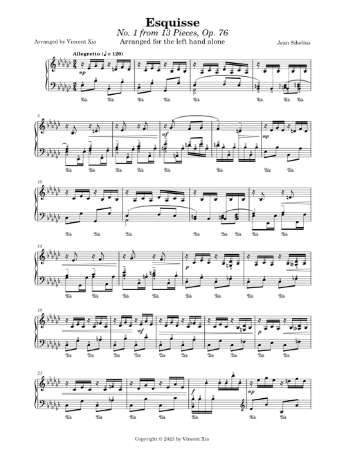 Sibelius-Xia - Esquisse (No. 1 from 13 Pieces, Op. 76), arranged for the left hand alone