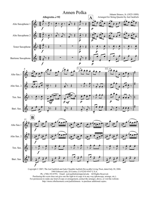 Annen Polka, Op. 117 (Sax Quartet) (Arr. Joel Jacklich (ASCAP)) - Joann Strauss, Jr. (Woodwind Ensemble)