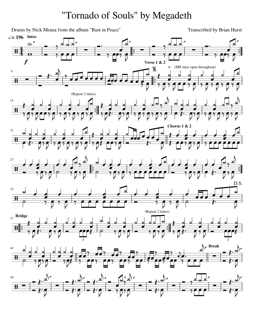 Tornado of Souls - Megadeth (Drums) Sheet Music for Drum group