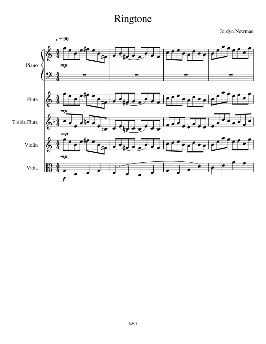 Ringtone Sheet music for Piano, Flute, Violin, Viola (Mixed Quartet)
