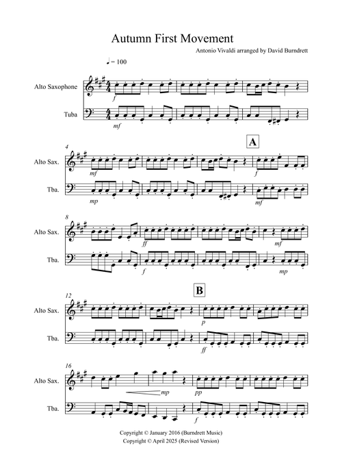 Autumn "Four Seasons" for Alto Saxophone and Tuba (Arr. David Burndrett) - Antonio Vivaldi (Instrumental Duet)