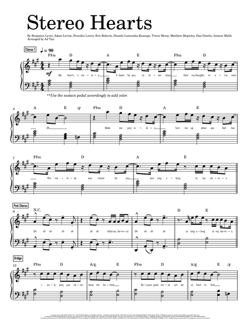 Stereo Hearts (Arr. AJ Tan) - Gym Class Heroes Featuring Adam Levine (Easy Piano)