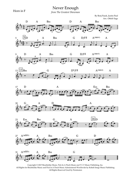 Never Enough (Arr. Ottirb Sage) - The Greatest Showman Ensemble (French Horn Solo)