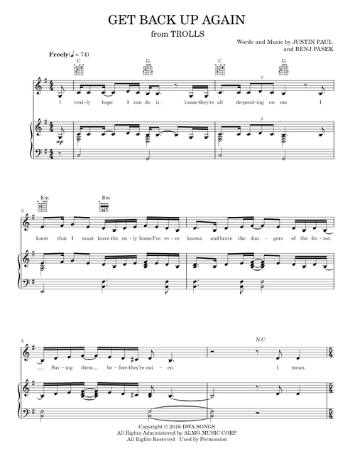 Get Back Up Again (from Trolls) - Anna Kendrick, Benj Pasek, Justin Timberlake (Piano-Vocal-Guitar)